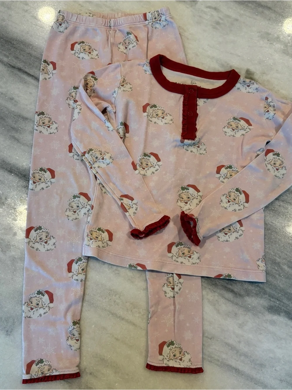 Smockingbird Girls 4T Pink Santa Print Christmas Pajamas Pima Cotton Ruffles